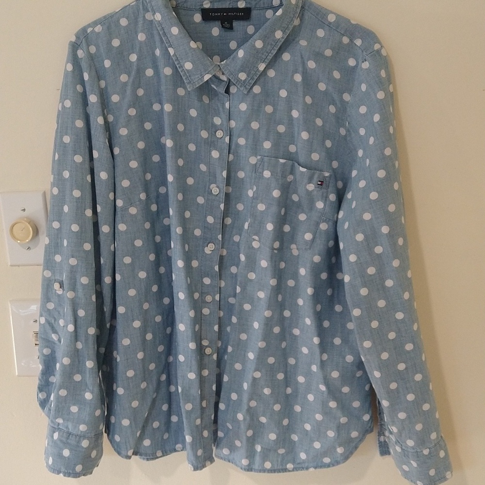 Women's Tommy Hilfiger polka dot blue chambray extra large button down shirt